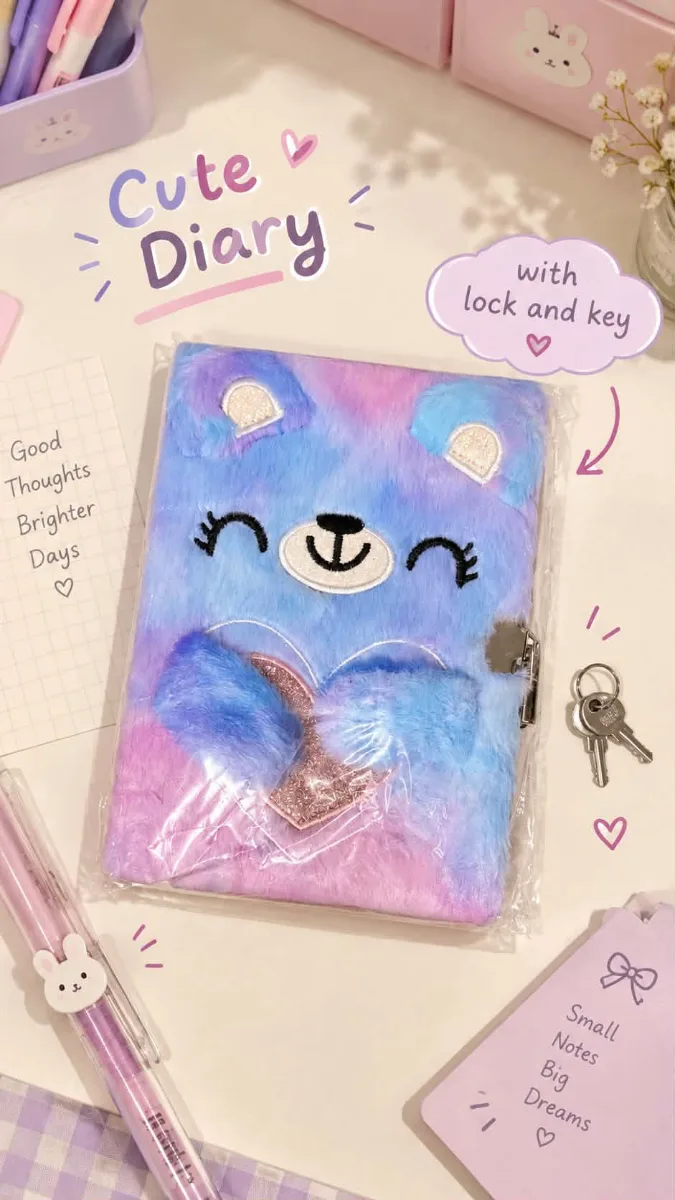 Cute Fuzzy Bear Diary with key and lock